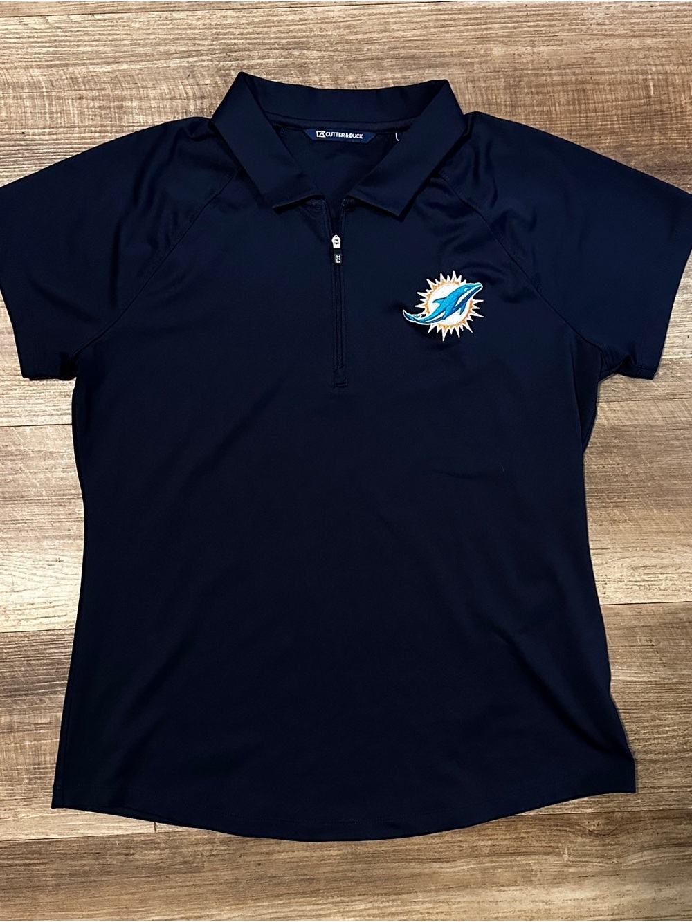 Cutter & Buck Navy Miami Dolphins Short Sleeve Zip Polo